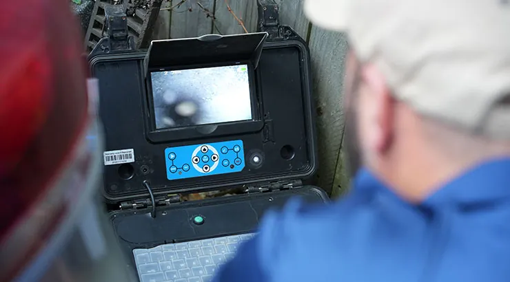 Drain camera monitor showing the inside of a pipe